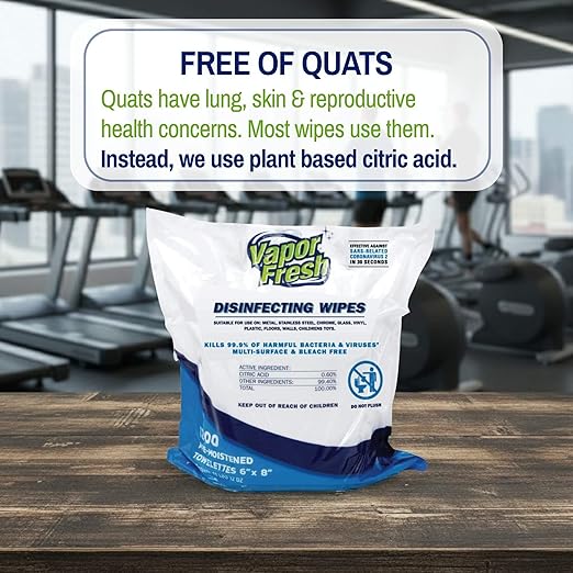 Vapor Fresh Disinfecting Wipes - 1200 Count x 1 Roll (1,200 Total Wipes) Plant Powered Commercial Grade Disinfectant For Gym Equipment, Fitness Studios, Spas - Free of Quats - Bulk Refill Rolls