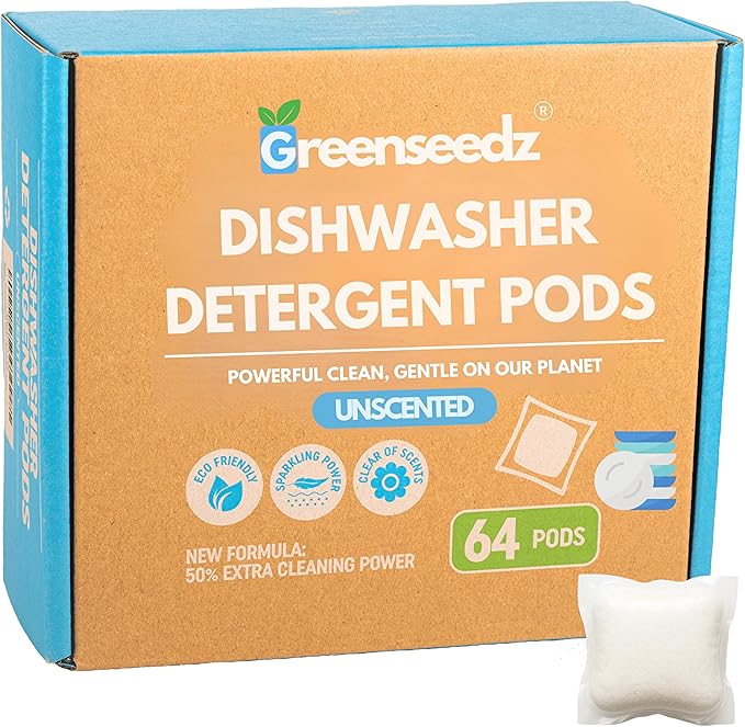 Dishwasher Detergent Pods Free & Clear, Unscented, Eco Friendly, Cuts Grease, 64 Count, Powerful Formula for Sparkling Clean Dishes, Automatic Dishwasher Safe