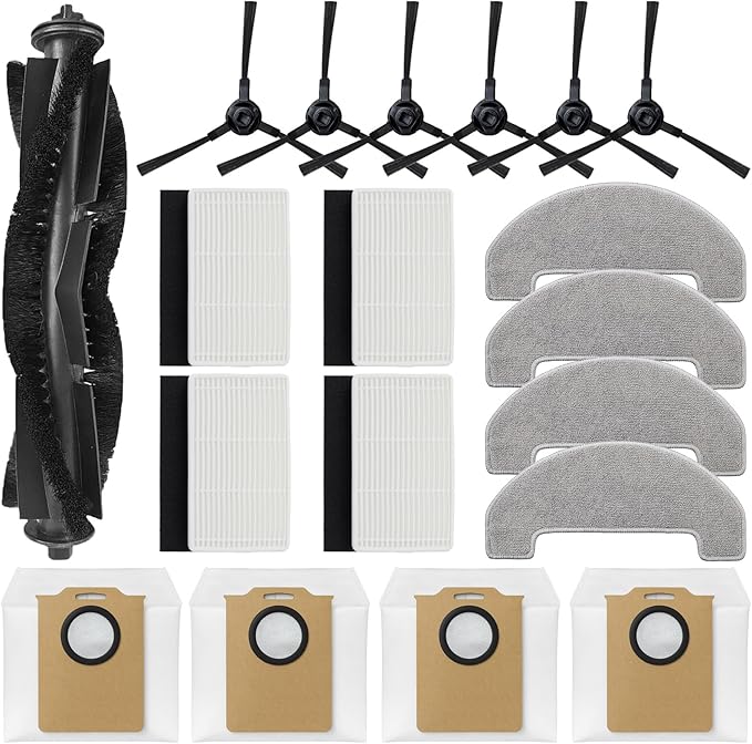Replacement Parts Kit Compatible with MONSGA MS1 MAX/Proscenic Q8 MAX/Ultenic T10 Lite/Mova E20 Plus Robot Vacuum Cleaner 1 Roller Brush,6 Side Brushes,4 Hepa Filters,4 Mop Pad,4 Dust Bags