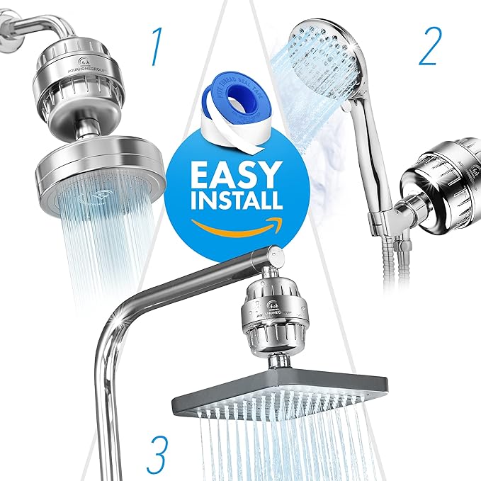 AquaHomeGroup Shower Head Filter – 20-Stage + 5 Replacement Cartridges – Reduces Chlorine, Fluoride, and Other Chemicals – Vitamin C, E & A Shower Filter for Glowing Skin & Hair