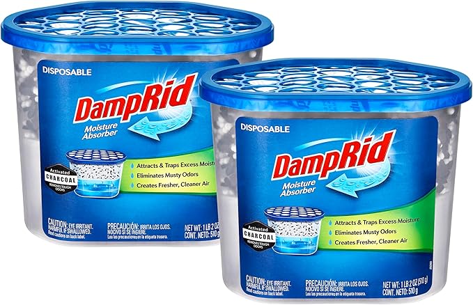 Damp Rid Moisture Absorber & Odor Remover with Activated Charcoal 2 Pack –Humidity Absorber for Home, Bathroom & Basement, 10.5 oz Disposable Buckets, – Ilios Packaging