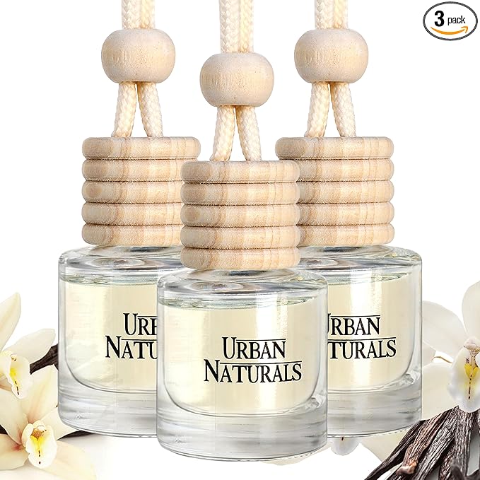 Urban Naturals Car Air Freshener Diffuser 3 Pack - Vanilla Bean Scent, 45+ Days Long Lasting Fragrance, Made in USA, Glass & Wood, Hanging Design + Vent Cip, Easy to Use