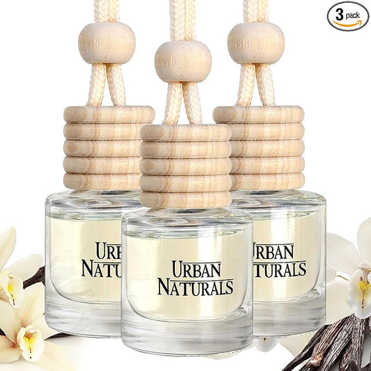 Urban Naturals Car Air Freshener Diffuser 3 Pack - Vanilla Bean Scent, 45+ Days Long Lasting Fragrance, Made in USA, Glass & Wood, Hanging Design + Vent Cip, Easy to Use