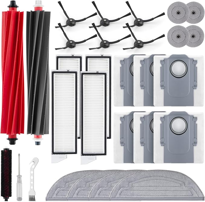 Accessories Kit for roborock S8 MaxV Ultra Robot Vacuum, 2 Main Brushes, 6 Dust Bags, 4 Mop Cloths, 4 Edge Mop Cloths, 4 Filters, 6 Side Brushes, 1 Self-Main Brush, 1 Cleaning Brush, 1 Screwdriver