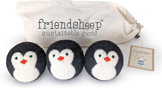 Friendsheep Wool Dryer Balls, Organic Reusable Fabric Softener Alternative for Laundry, Handmade, Fair Trade, Hypoallergenic, Eco-Friendly, Plastic-Free (3 Pack XL ??Penguin)