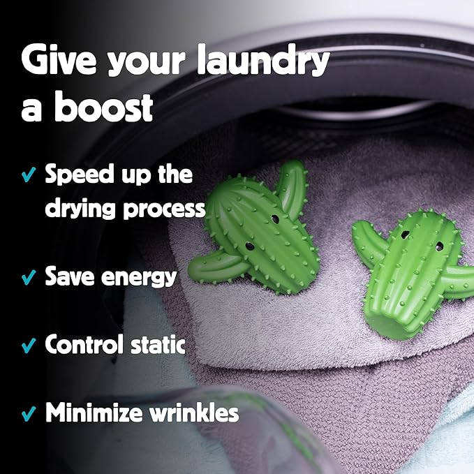Kikkerland Set of Two Reusable Dyer Buddies for Laundry – Fabric Softener Dryer Balls – Control Static, Remove Wrinkles, Dry Clothes Faster, Cactus