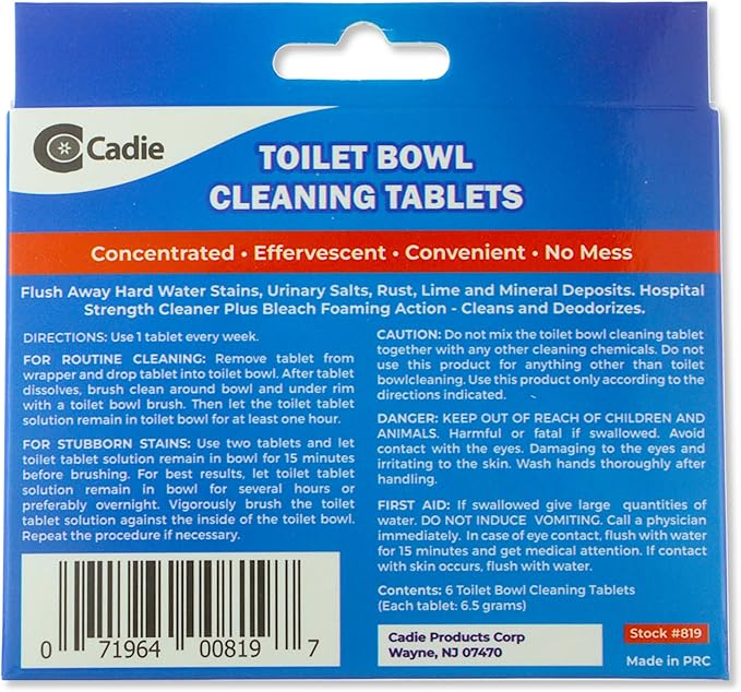 Cadie Toilet Bowl Cleaning Tablets - Automatic Drop-in Bleach 6 Blocks that Cleanse Bathroom at Home & Commercial | Removes Stubborn Stains, Rust, Lime, Mineral Deposits - 1 Pack