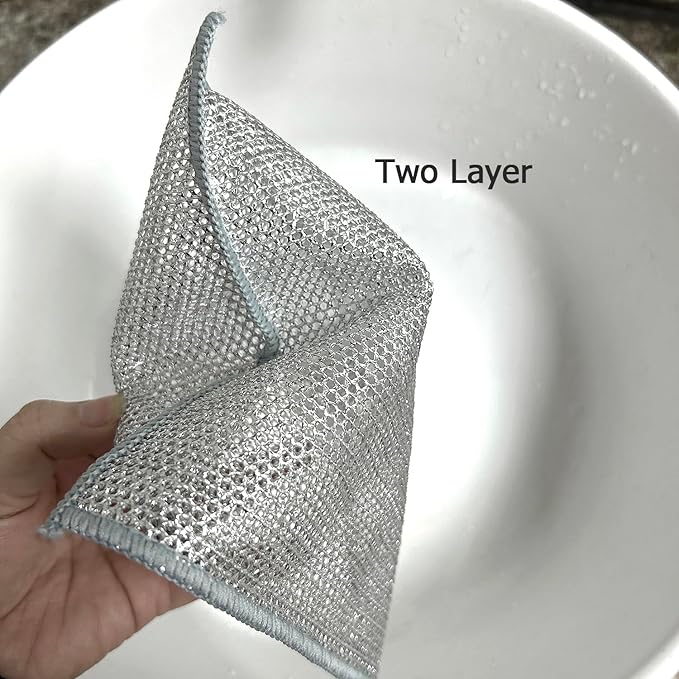 YinQin 10 PCS Double Layer Stainless Steel Scrubber Wire Dishwashing Cloth Non Scratch Stainless Steel Mesh Dish Cleaning Cloth 20x20cm Metallic Wire Cleaning Rag Towel for Kitchen Dish Sink Stove Top