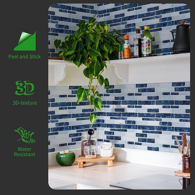 LONGKING Self-Adhesive Kitchen Backsplash, Marble Look Decorative Tiles (10 Tiles) (Dark Blue)