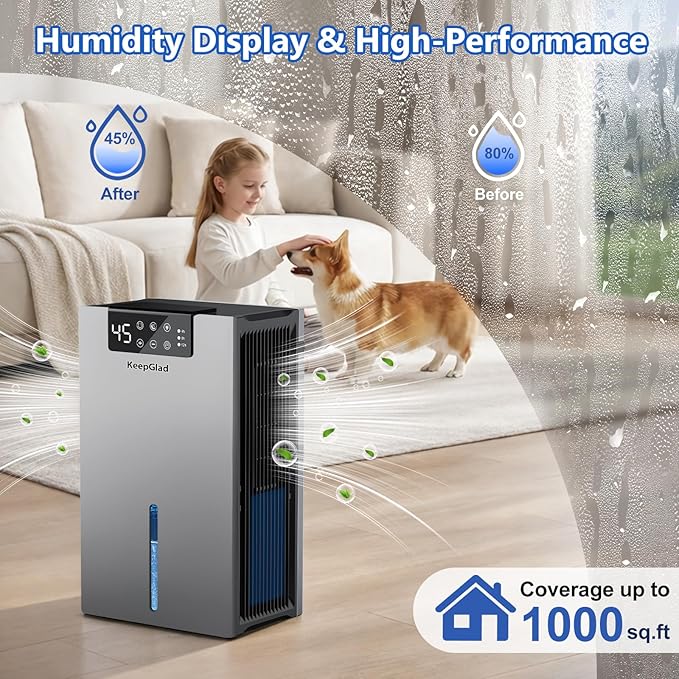 Dehumidifier, 98OZ Dehumidifiers for Home(1000sq.ft), Humidity Display Dehumidifier for Basement Bathroom Bedroom, Auto Shut Off, Washable Filter, Drain Hose, Timer, 7 Ambient Lights, Gray