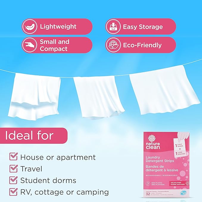 Nature Clean Non-Toxic Plastic-Free Packaging Natural Laundry Detergent Sheets 32 counts, Eco-Friendly Hypoallergenic Biodegradable Laundry Strips Travel Laundry Soap Sheets Wildflower Fragrance