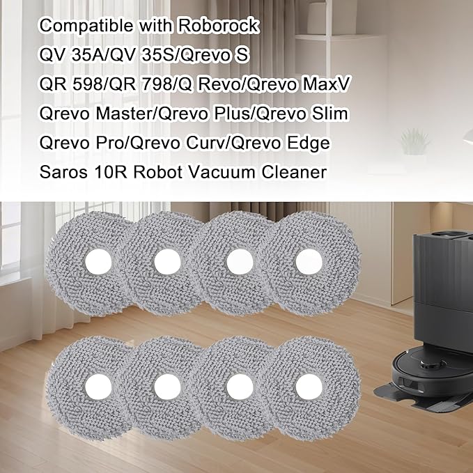 8 Pack Mop Pads Fit for Roborock QV 35A/Saros 10R/Q Revo/Qrevo S/Qrevo Pro/Qrevo Plus/Qrevo Master/Qrevo Slim/Qrevo Curv/Qrevo Edge Robot Vacuum Cleaner, Washable Mop Pad Replacement Accessories