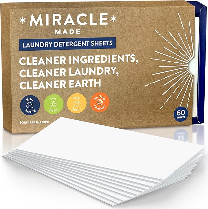 Miracle Made Liquidless Laundry Detergent Sheets – Ultra-Concentrated, Space-Saving, Plastic-Free – No Dyes, Bleach, or Parabens – 60 Strips (120 Loads) – Fresh Linen Scent