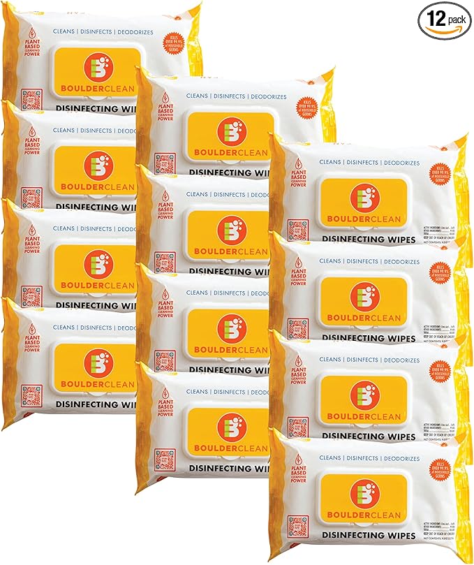 Boulder Clean Disinfecting Wipes, Sugared Lemon Scent, Disinfecting Surface Wipes, Cleans & Deodorizes, No Harsh Chemicals, Moisture-Lock Lid, Biodegradable, 72 Count (Pack of 12)