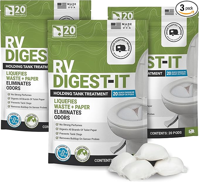 Unique RV Digest-It RV Toilet Treatment, Drop-In Pod - Convenient, Dissolvable, Mess-Free - Eliminates Odors and Liquifies Waste (60 Pods)