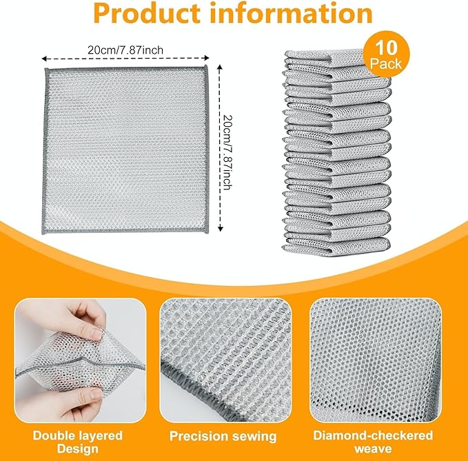 Multipurpose Wire Dishwashing Rag,Non Scratch Wire Dishcloth, Reusable Steel Wool Scrubber,Non-Scratch&Quick-Drying&Odor-Resistant Multi-Purpose for Kitchen,Bathroom Cleaning (10)