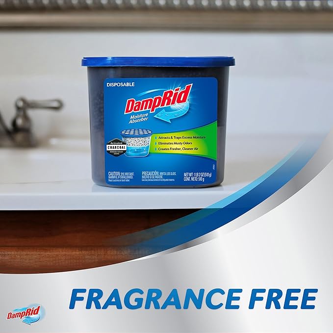 DampRid Fragrance Free Disposable Moisture Absorber with Activated Charcoal, 18 oz (Pack of 3) Odor Remover, Lasts Up to 60 Days, No Electricity Required