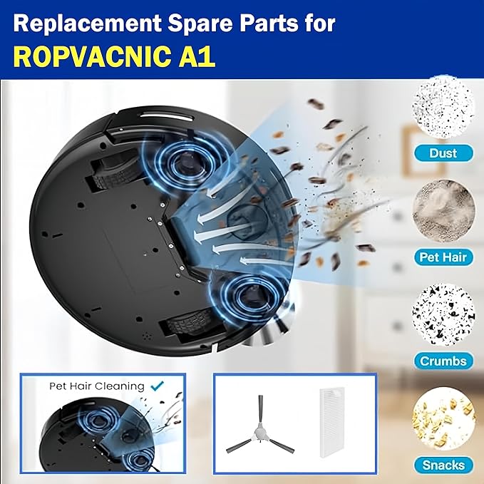 ROPVACNIC Replacement Parts for ROPVACNIC S1 Tipdiy G90 VIPSUN Z1 Betboyles V75S PrettyCare C2 Robot Vacuum Accessories 6 Side Brush 4 Filter 4 Mopping Pad