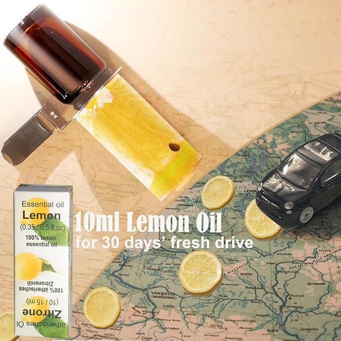 Lemon Car Scent 30 Days’ Refillable Odor Fighting Non-toxic Strong Natural Fresh Fragrance, Vent Clip Wood Diffuser & Pure Essential Oils Auto Air Freshener (1x Beech Diffuser + 10ml Oil)