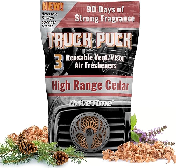 Drive Time Truck Puck High Range Cedar Fragrancee Car Air Freshener – Long-Lasting Car Deodorizer, Refillable Vent & Visor Clip Auto Air Freshener for Car, Truck & SUV, Premium Fragrance, Pack of 3