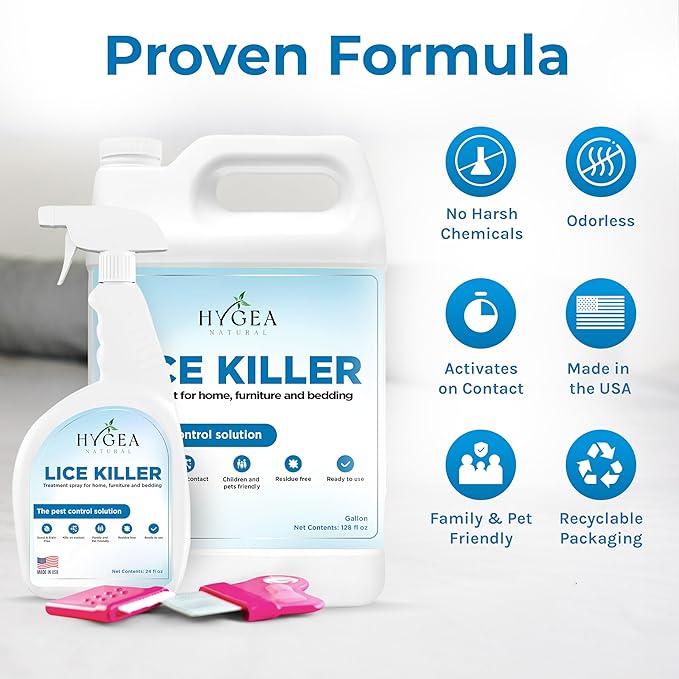 Hygea Natural Lice Kit Includes Comb with Magnifier for lice and nits and Lice Spray & Refill for Home, Furniture, Bedding - Natural Treatment- Family Friendly and pet Safe - Stain and Scent Free
