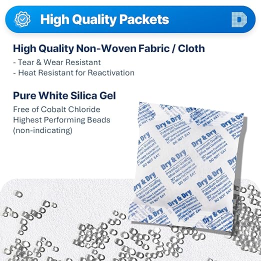 Dry & Dry 100 Gram [2 Packets] Silica Gel Packets Desiccants, Silica Packets - Rechargeable Moisture Absorbers for Food Storage, Electronics, 3D Filament & Safes