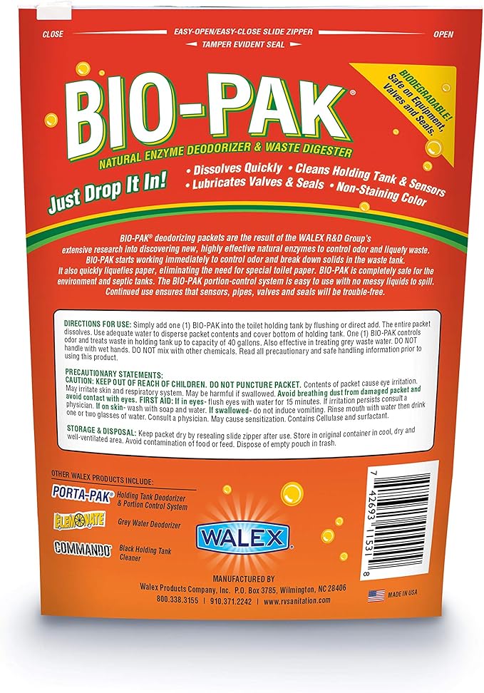 Walex Bio-Pak Black Holding Tank Deodorizer & Waste Digester Drop-Ins - Advanced Enzyme Formula for Rapid Breakdown of Waste & Paper, Removes Odors & Cleans Tank; Tropical Breeze, 10-Pack