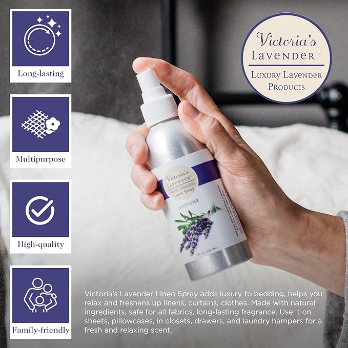 Victoria's Lavender Linen Spray - Aromatherapy Pillow Mist & Linen Spray for Bedding, Soothing Lavender Essential Oil Pure Blend for Bed & Pillows, Relaxing, Handmade in Oregon, Made in USA (8 oz)