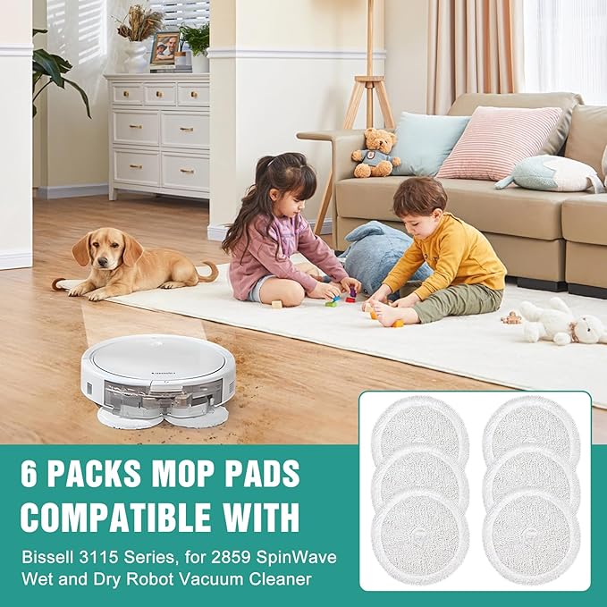 6 Pack Mop Pads Replacement Parts for Bissell 3115 Series, for 2859 SpinWave Wet and Dry Robot Vacuum Cleaner, Reusable & Washable Mop Cloths Accessories
