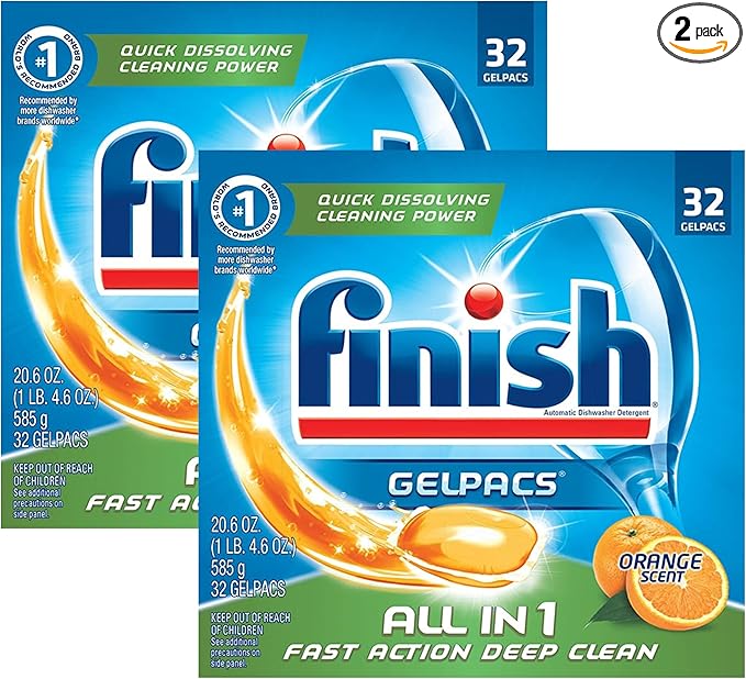 Finish All In 1 Gelpacs, Orange 32 Tabs, Dishwasher Detergent Tablets (Pack of 2)
