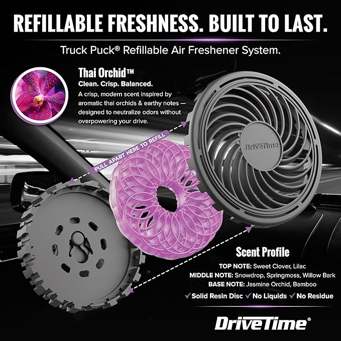 Drive Time Truck Puck Thai Orchid Fragrancee Car Air Freshener – Long-Lasting Car Deodorizer, Refillable Vent & Visor Clip Auto Air Freshener for Car, Truck & SUV, Premium Fragrance, Pack of 3