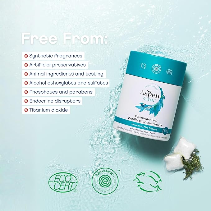 AspenClean | Unscented Dishwasher Pods | Cuts Grease and Grime | Zero Plastic | Non - Toxic | 100% Natural Dishwasher Detergent | EWG Verified - 28 Count