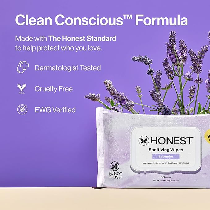 The Honest Company Lavender Sanitizing Wipes, Kills 99.99% of Germs, Safe for All Hands, Antibacterial, Dermatologist Tested, 50 Count