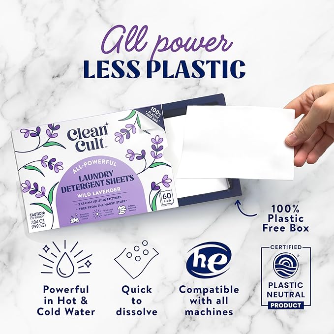 Cleancult Laundry Detergent Sheets - Resealable Box - 3 Stain Fighting Enzymes - Wild Lavender - 60 Loads - Free of Harsh Chemicals - No Mess - No Plastic Waste (Pack of 2)