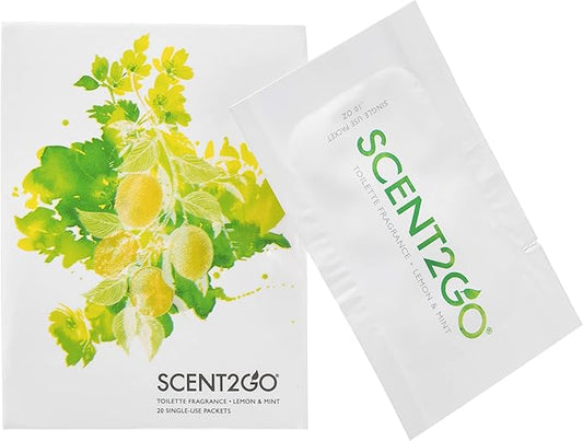 Scent2Go Toilet Fragrance Powder - Slim Travel Size Packet - Leak Lock Design - Plant Based Formula - Lemon + Mint - 40 Single Use Packets