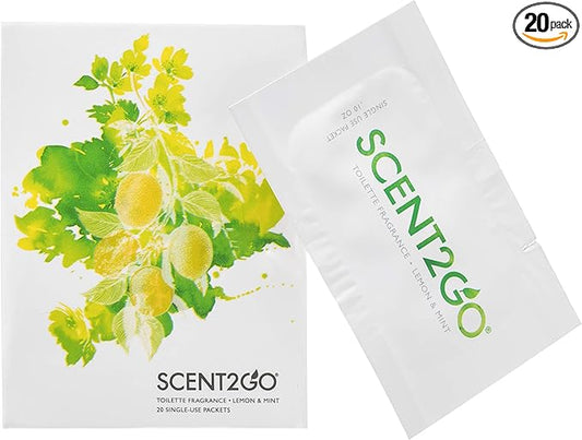Scent2Go Toilet Fragrance Powder - Discreet Travel Size Packet - Leak Lock Design - Plant Based Formula - Lemon + Mint - 20 Single Use Packets