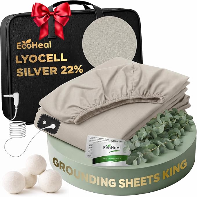Luxury Lyocell Grounding Sheets King 22% Silver Fiber, 74% Cooling Lyocell, 4% Silk, Quality Certified - Conductive Earth Fitted Sheet 15" Deep w/Wash Bag & Wool Dryer Balls, Beige