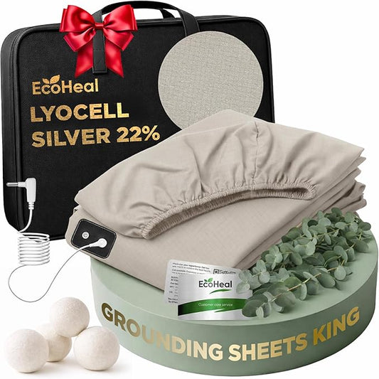 Luxury Lyocell Grounding Sheets King 22% Silver Fiber, 74% Cooling Lyocell, 4% Silk, Quality Certified - Conductive Earth Fitted Sheet 15" Deep w/Wash Bag & Wool Dryer Balls, Beige