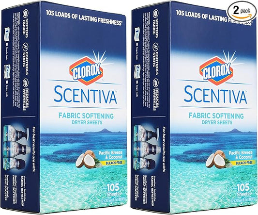 Clorox Scentiva Fabric Softening Dryer Sheets | Fabric Sheets in Pacific Breeze & Coconut Scent | Laundry Dryer Sheets for Fresh & Clean Clothes | 105 Count (Pack of 2)