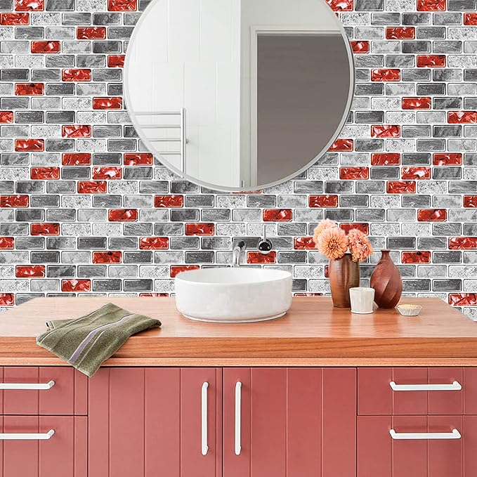 Marble Peel and Stick Backsplash for Kitchen, 10-Sheet Stick on Backsplash for Bathroom, Large Self-Adhesive Kitchen Backsplash, Red Marble Look Decorative Tiles（12"×12"）