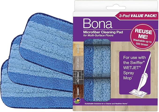 Bona® Microfiber Cleaning Pads for use with Swiffer® WETJET® Spray Mop, 3 Pack, Washable & Reusable up to 500 Times