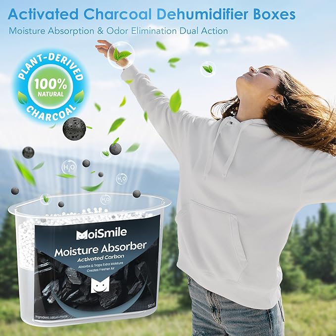 Moisture Absorbers 6 Packs, 10.8 Oz/ 300g Activated Charcoal Efficient Humidity Absorber ＆ Odor Absorber Boxes, Refillable Car Dehumidifier for Closet, Bathroom, Basement＆ RV