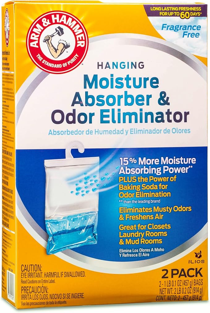 Hammer Hanging Moisture Absorbers and Odor Eliminator - 1 Fragrance Free & 1 Clean Burst - Humidity Packs Traps Moisture - Fresher Air - Humidity Absorber Dehumidifier Bags - 2 Pack, Packed by ILIOS