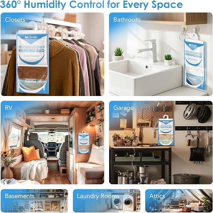 Hanging Moisture Absorbers 3 Pack Net Wt. 17.5oz/Pack, Fragrance Free Closet Dehumidifier Bags, Odor Eliminator & Humidity Absorber, Humidity Packs for Bathroom, Bedroom, Basement, Car, RV & Boat