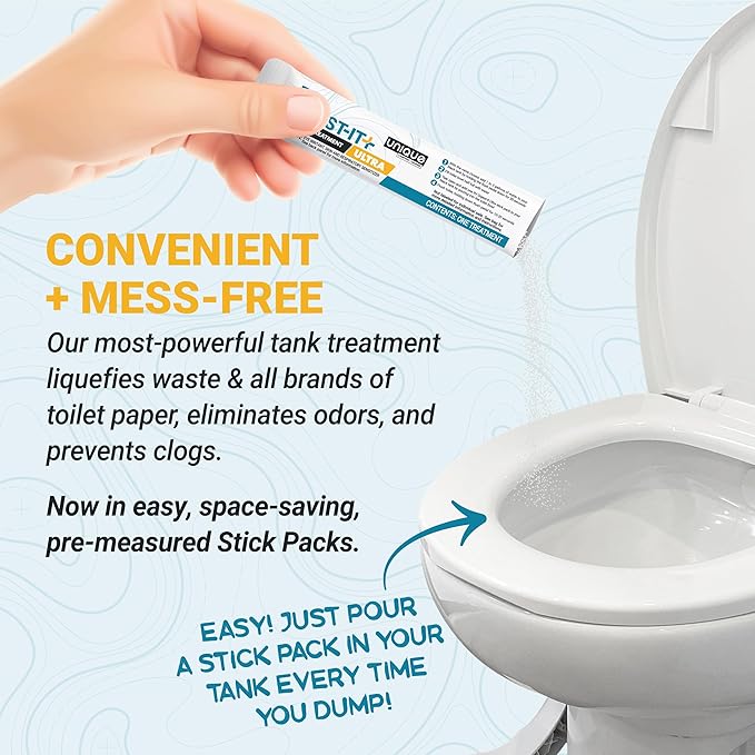 Unique RV Digest-It Ultra Stick Pack, 15 Count, Extra-Strength RV Toilet Treatment, No-Mess, Pre-measured, Grab-N-Go Bio-Enzymatic Black Tank Treatment, Eliminates Smells and Prevents Clogs