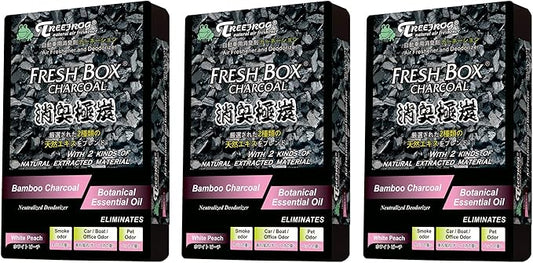 Treefrog Xtreme Fresh Box Charcoal White Peach Scent 3-Pack Car Air Freshener, Deodorizer and Neutralizer air, Plus Smelling Great, Black Bamboo Charcoal, Generously Large Size 200g.