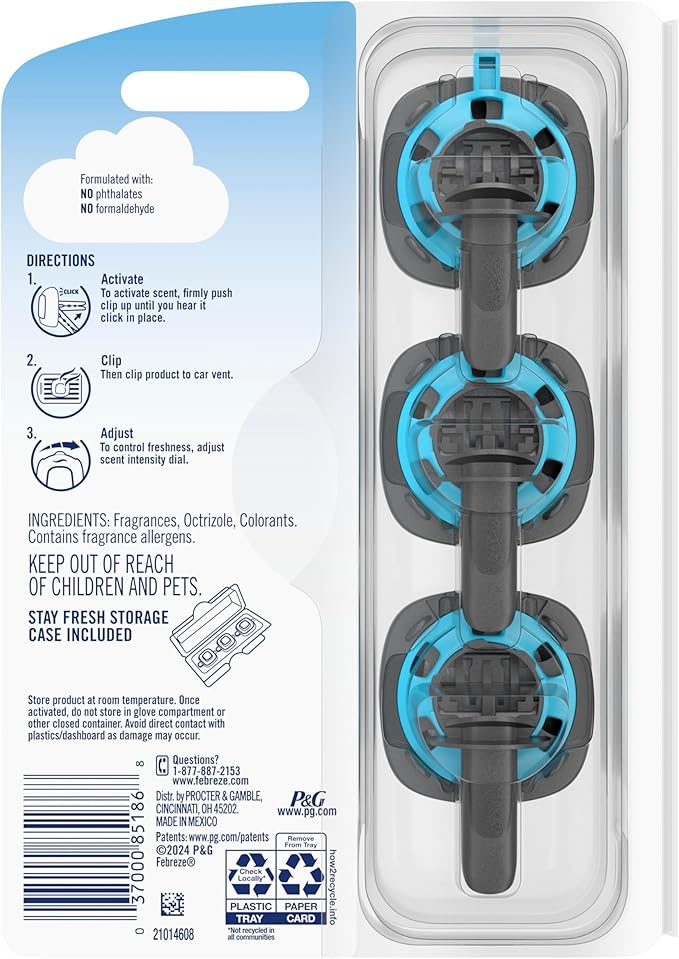 Febreze Car Odor-Fighting Car Freshener Vent Clip Linen & Sky, 0.06 fl oz, 3 Ct Pack of 2