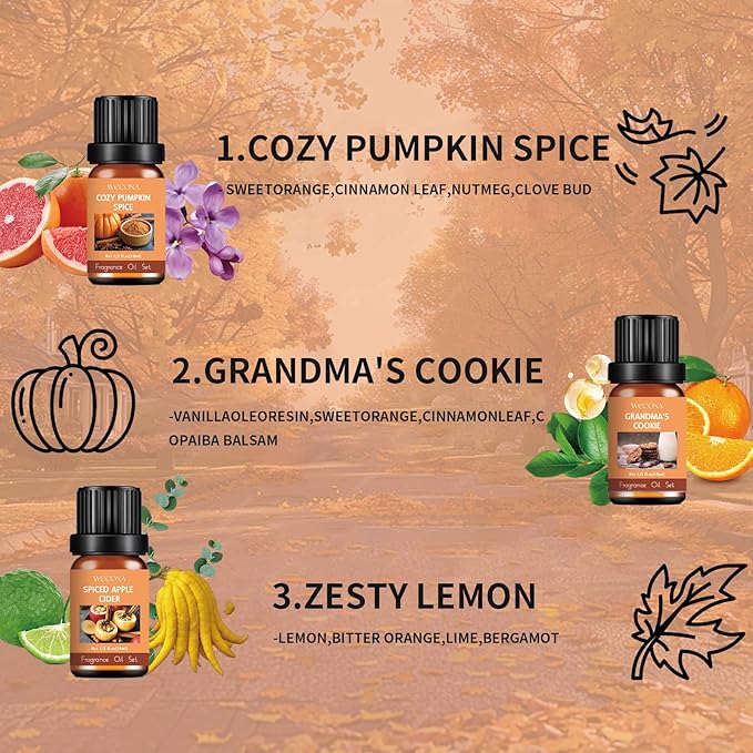 Fall Essential Oils Set – 6 Pack Aromatherapy Oils, Essential Oils Fall Scents for Diffuser, Candle Making Scents, Fragrance Oil for Soap & Candle Making, Fall Scented Essential Oils