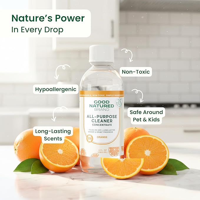 Good Natured Brand All-Purpose Cleaner Concentrate | Multi-Surface Cleaner | Natural Orange Essential Oil | Multipurpose Cleaner Concentrate All Surfaces | Orange | 8oz makes 128oz