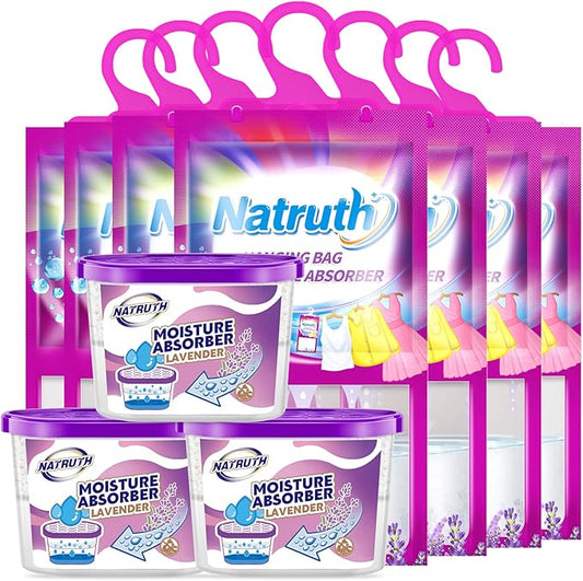 NATRUTH Moisture Absorber 7 HangingPackets（9.8oz*7）+ 3 Portable Boxs (10.5oz*3), Dehumidifiers with Lavender, Desiccant Hanging Bag Use for Kitchen Bathroom Wardrobe, Eliminates Odors, Odor Absorber
